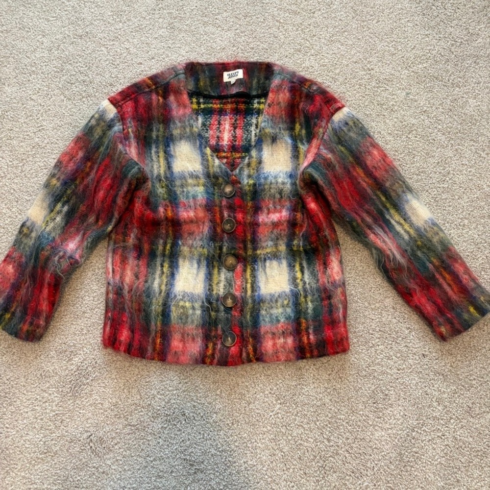 Sleepy Jones Plaid Cardigan Womens XS Red Wool Fuzzy Loungwear Pajama Cozy